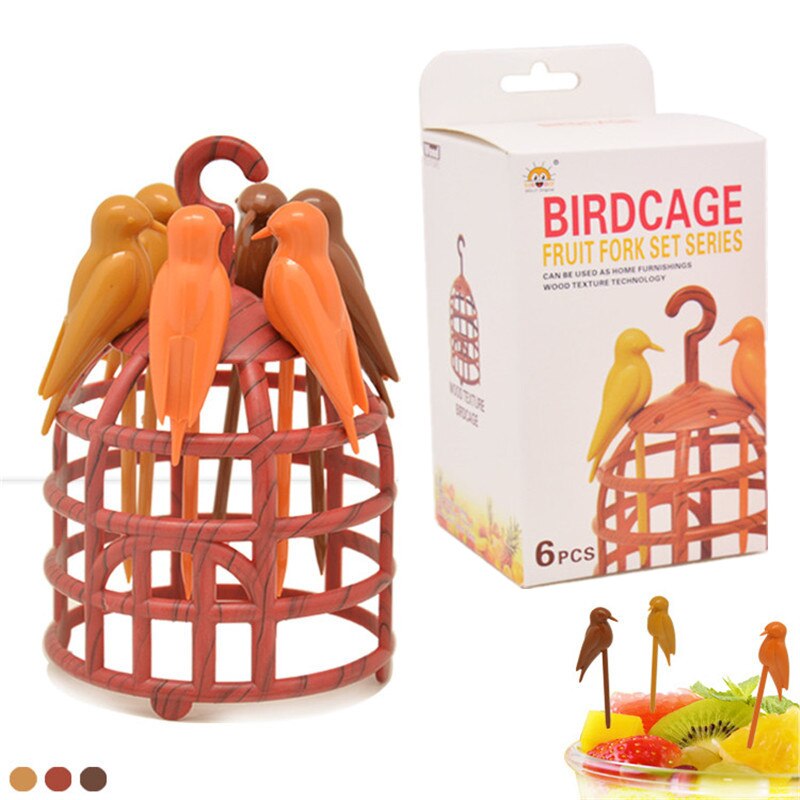 ũ  Ƽ Birdcage   ũ õ öƽ   ũ Ʈ Į Ʈ ȭ ֹ ı/Creative Birdcage Designed Fruit Forks Picks Plastic Birdie Fruit Forks Set Kids